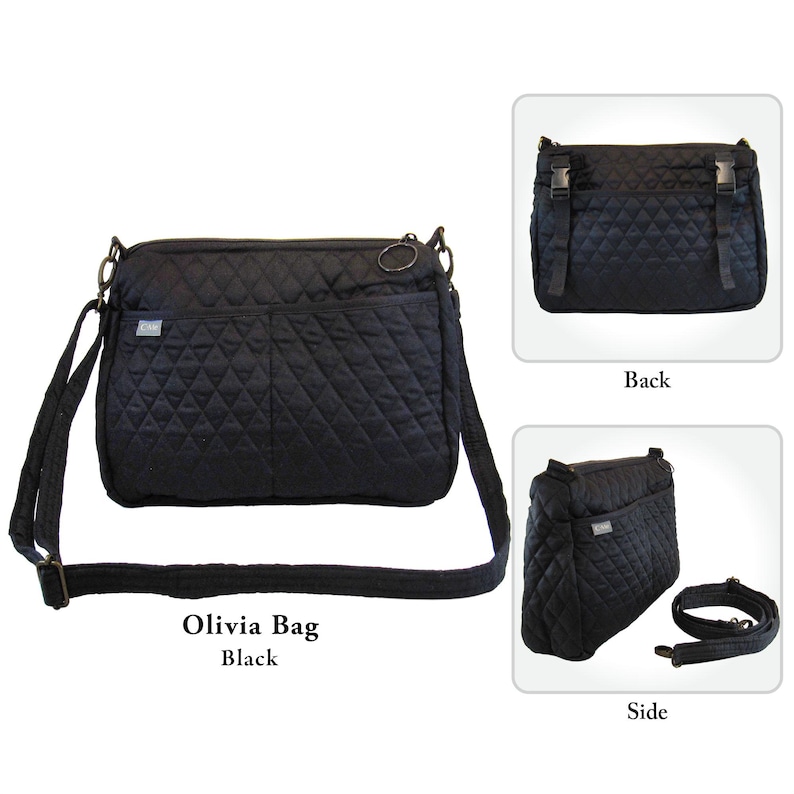 May include: Black Olivia bag with a quilted diamond pattern. The bag has a long adjustable strap and a small metal tag. The image also shows the back and side views of the bag. The text on the image says "Olivia Bag Black".