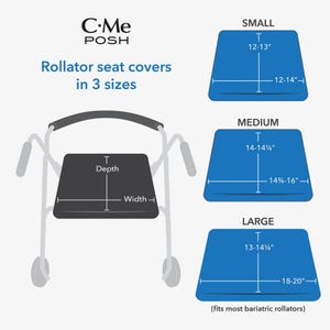 May include: Diagram showing three sizes of rollator seat covers: small (12-13 inches by 12-14 inches), medium (14-14 1/4 inches by 14 3/4-16 inches), and large (13-14 1/4 inches by 18-20 inches). The large size is labeled as fitting most bariatric rollators.