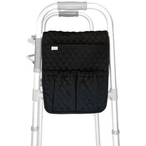May include: Black quilted walker bag with two front pockets and a small label. The bag is attached to a silver walker frame. The bag has a diamond pattern.