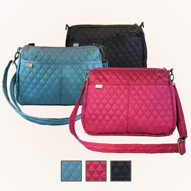 May include: Three quilted crossbody bags in teal, magenta, and black. Each bag features a diamond pattern, a long adjustable strap, and a zippered top. The bags have a small exterior pocket and a metal zipper pull. The image also shows color swatches.