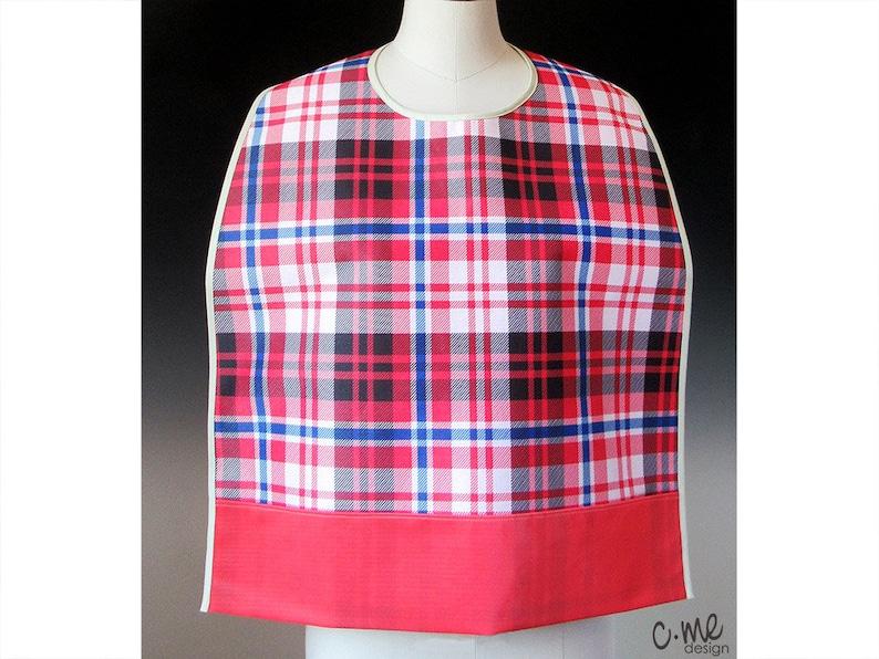 Red plaid adult bib with crumb catcher