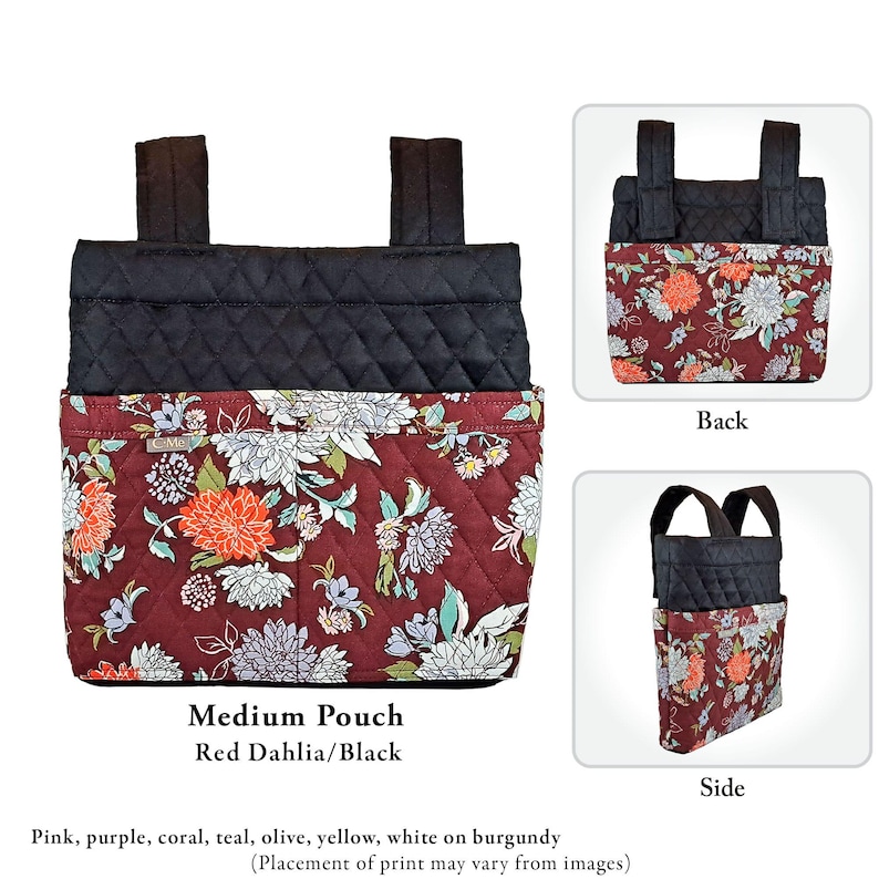 May include: A medium pouch featuring a quilted black upper section and a burgundy lower section with a floral print in pink, purple, coral, teal, olive, yellow, and white. The pouch includes two black straps and a small tag labeled C-Me.