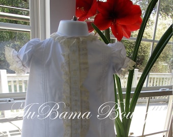 The "Juliana"  White Baby Gown with Ecru Lace Swiss Embroidery Center