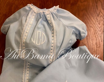 Ronny/Rhonda Baby Gown with Vertical Lace, Monogram, and Optional, Matching Blanket