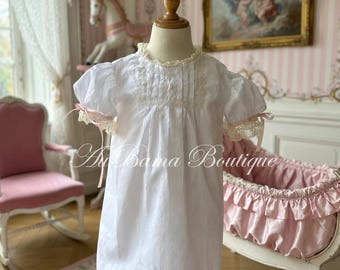 The "Cassandra Elaine" Delicate Gown w Optional Bonnet in Swiss Batiste