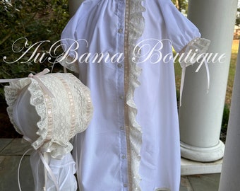 Button Up Ruffled Day Gown for Boy or Girl W Optional Bonnet