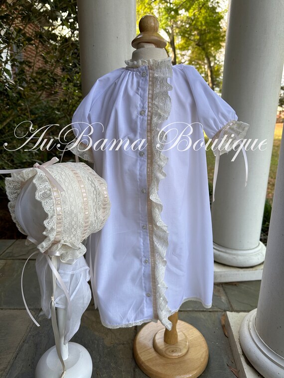 Button Up Ruffled Day Gown for Boy or Girl W Optional Bonnet