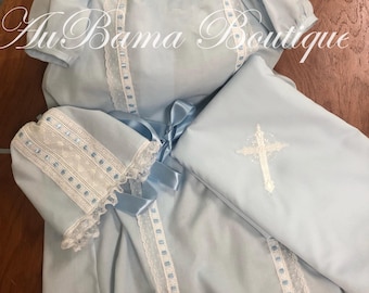 Ronny/Rhonda Baby Gown with Vertical Lace, Monogram, and Optional, Matching Blanket
