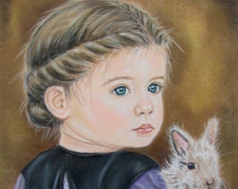 Amish Girl with Rabbit "Katie And The Bunny" Print of Pastel Portrait Painting Nature Country Living Simple Wall Decor