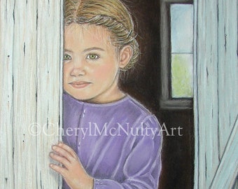 Amish Print Of Pastel Painting "Anna Mary" Amish Girl Behind Barn Door Amish Country Farm Life Wall Decor