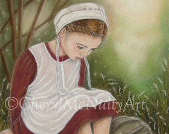 Amish Print of Pastel Painting "Nature's Grace" Amish Girl Sitting By Creek Enjoying Nature's Gifts Amish Country Wall Decor