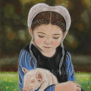 Amish Print of Pastel Painting Eva and the Piglet Amish Farm Animal Country Simple Life Wall Decor image 1