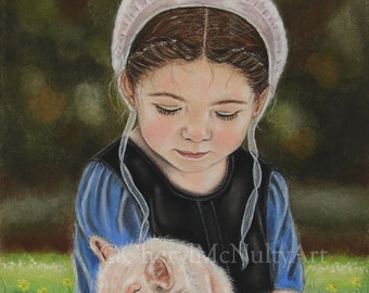 Amish Print of Pastel Painting "Eva and the Piglet"  Amish Farm Animal Country Simple Life Wall Decor