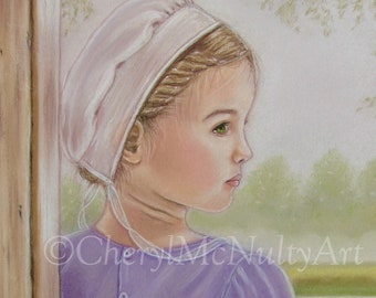 Amish Print of Pastel Painting "Mary and The Misty Morning" Amish Girl Amish Farm Country Simple Life Wall Decor