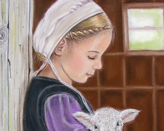 Amish Print Of Pastel Painting "Mary's Little Lamb" Amish Girl With Baby Lamb In Barn Simple Farm Country Living Wall Decor