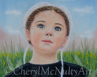 Amish Print "Emma In The Wheat Field" Print of Pastel Painting Amish Girl Farm Life Country Wall Decor