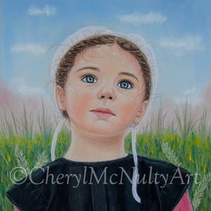 Amish Print Emma In The Wheat Field Print of Pastel Painting Amish Girl Farm Life Country Wall Decor image 1