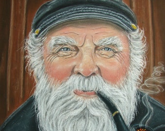 Old Sea Captain Vintage Look Sailor with Pipe Portrait Print, Fisherman Coastal  Nautical Maritime Wall Art