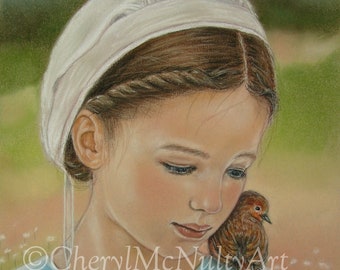 Amish Print Of Pastel Painting "Tiny Companion" Amish Girl With Small Bird on Shoulder Amish Country Life Wall Decor