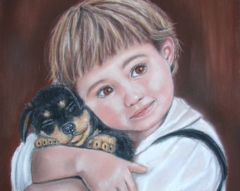 Amish Print of Pastel Painting "Noah's Puppy" Amish boy hugging puppy simple living childhood innocence wall decor