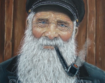 Sea Captain Portrait Print of Pastel Painting from Vintage Photo Fisherman Coastal  Nautical wall Decor