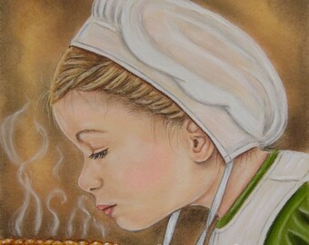Amish Print of Pastel Painting "Barbie With A Pie"  8 x 8 Cooking Baking Amish  Country Cooking Kitchen Wall Room Decor