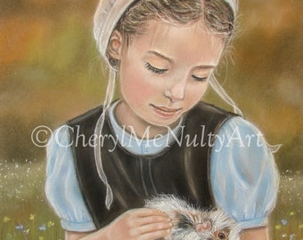 Amish Print of Pastel Painting "Little One" Amish Girl  ith Small Animal Guinea Pig Farm Country Wall Decor