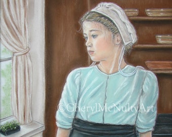 Amish Print of Pastel Painting "Contemplation" Amish Girl Looking Out Window In Thought Simple Living Amish Country Wall Decor