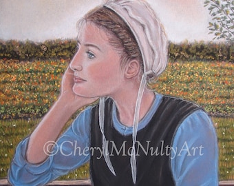 Amish Print of Pastel Painting "Sunset Dreams" Amish Girl Resting Dreaming Under Sunset Skies Country Life Inspirational Wall Decor