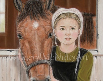 Amish Print Of Pastel Painting "A Time To Rest" Amish Girl With Buggy Horse In Barn Country Simple Farm Living Wall Decor