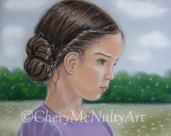 Amish Print of Pastel Painting "Sarah In The Flower Field"  Amish Girl in Nature Gathering Daisies Country Life Calming Serene Wall Decor