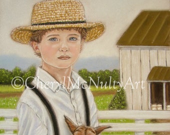 Amish Print of Pastel Painting "David and the Baby Goat" Amish Boy Farm Animal Simple Living Country Wall Decor