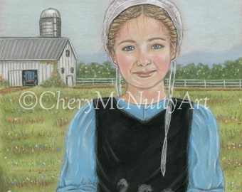 Amish Print Of Pastel Painting "Pie Time" Amish Girl Serving Pie on Farm Simple Living Country Life Wall Decor