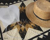 Amish Prayer Cap and Straw Hat On Amish Quilt Photographic Print Amish Country Clothing Simple Living Country Wall Decor