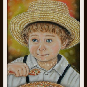 Amish Print of Pastel Painting Benuel Eating Chicken Pie Country Cooking Baking Kitchen Simple Life Wall Decor image 3