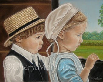 Amish Print of Pastel Painting "Hannah and Jacob, The Buggy Ride" Curious Amish children in Buggy Simple Living Country Wall Decor