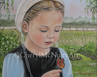 Amish Print of Pastel Painting "The Wonder" Amish Girl  In Flower Garden With Butterfly Simple Farm Living Wall Decor