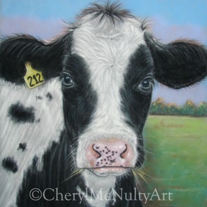 Realistic Cow Print of Pastel Painting Amish Farm Animal Country Life Wall Decor image 1