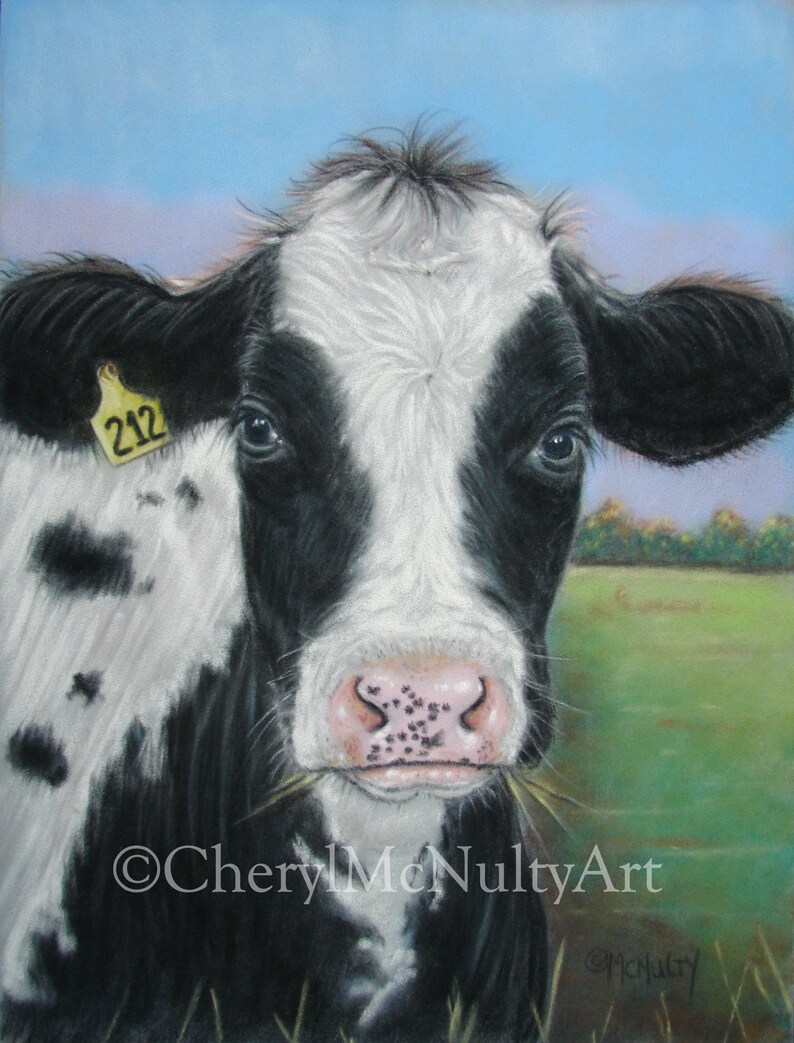 Realistic Cow Print of Pastel Painting Amish Farm Animal Country Life Wall Decor image 1