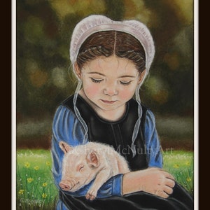 Amish Print of Pastel Painting Eva and the Piglet Amish Farm Animal Country Simple Life Wall Decor image 2