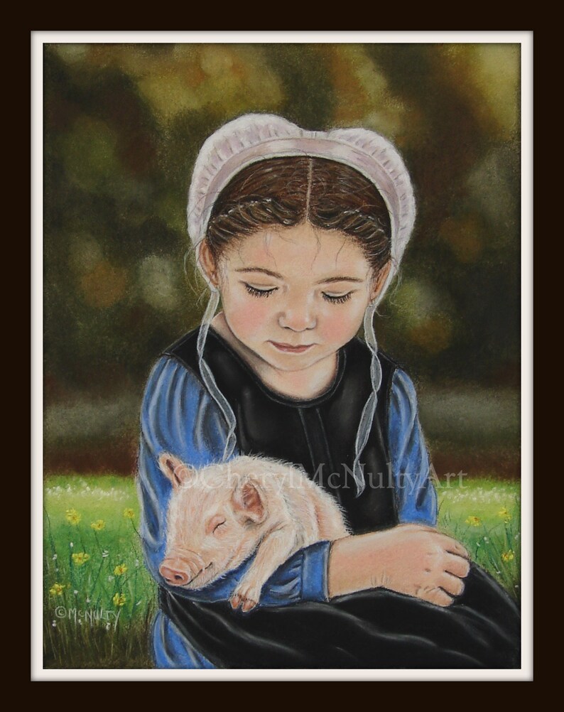 Amish Print of Pastel Painting Eva and the Piglet Amish Farm Animal Country Simple Life Wall Decor image 2