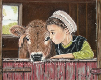 Amish Girl With Cow "Sarah Hugging the Cow" Print of Pastel Painting Country Farm Simple Life Wall Decor