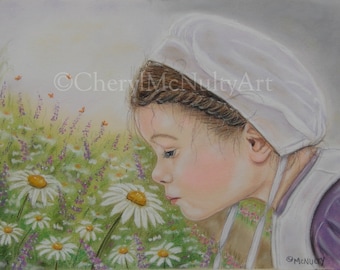 Amish Print of Pastel Painting" Rachel In The Garden" Amish Girl Nature Butterflies Flowers Country Simple Life wall Decor