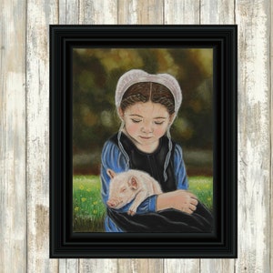 Amish Print of Pastel Painting Eva and the Piglet Amish Farm Animal Country Simple Life Wall Decor image 4