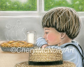 Amish Print of Pastel Painting "Temptation" Amish Boy Waiting to Eat Pie Simple Living Country Life Farm Wall Decor