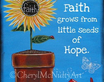 Little Seeds of Hope Print of Acrylic Painting Inspirational Quote Potted Sunflower Butterflies Faith Quote Wall Decor