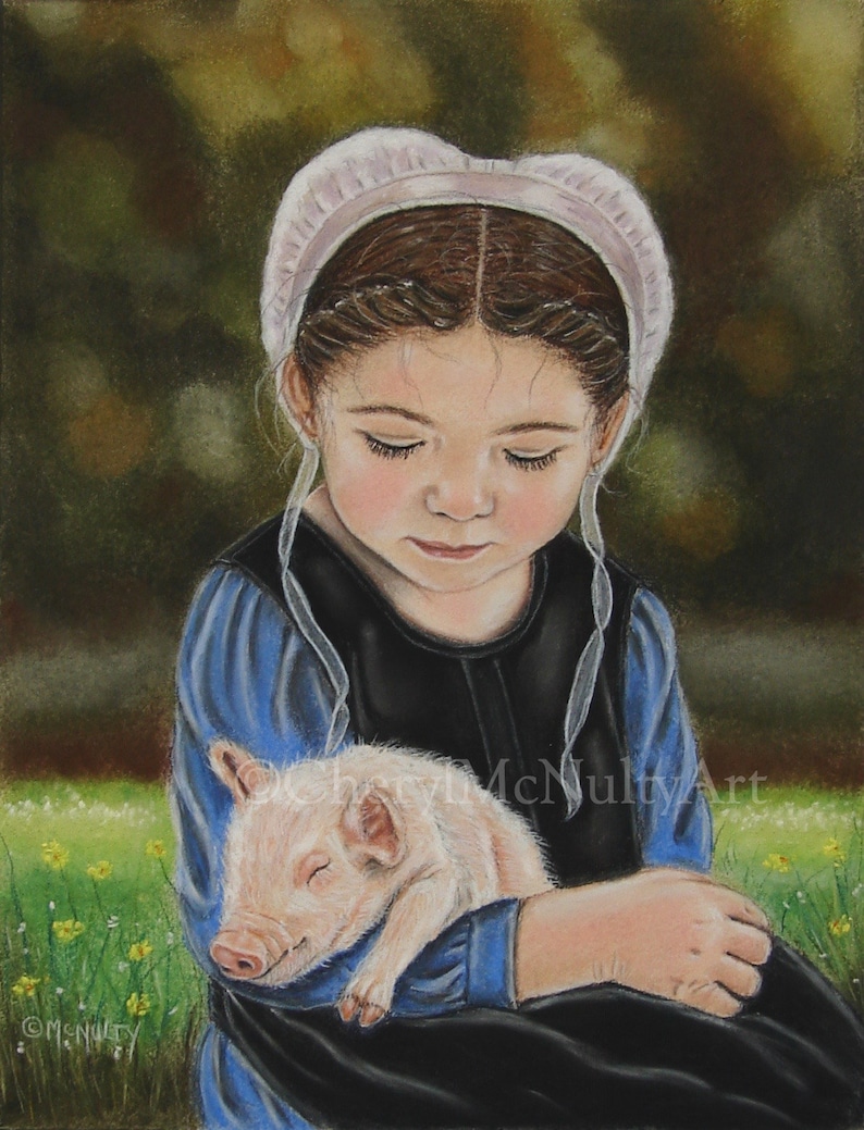 Amish Print of Pastel Painting Eva and the Piglet Amish Farm Animal Country Simple Life Wall Decor image 1