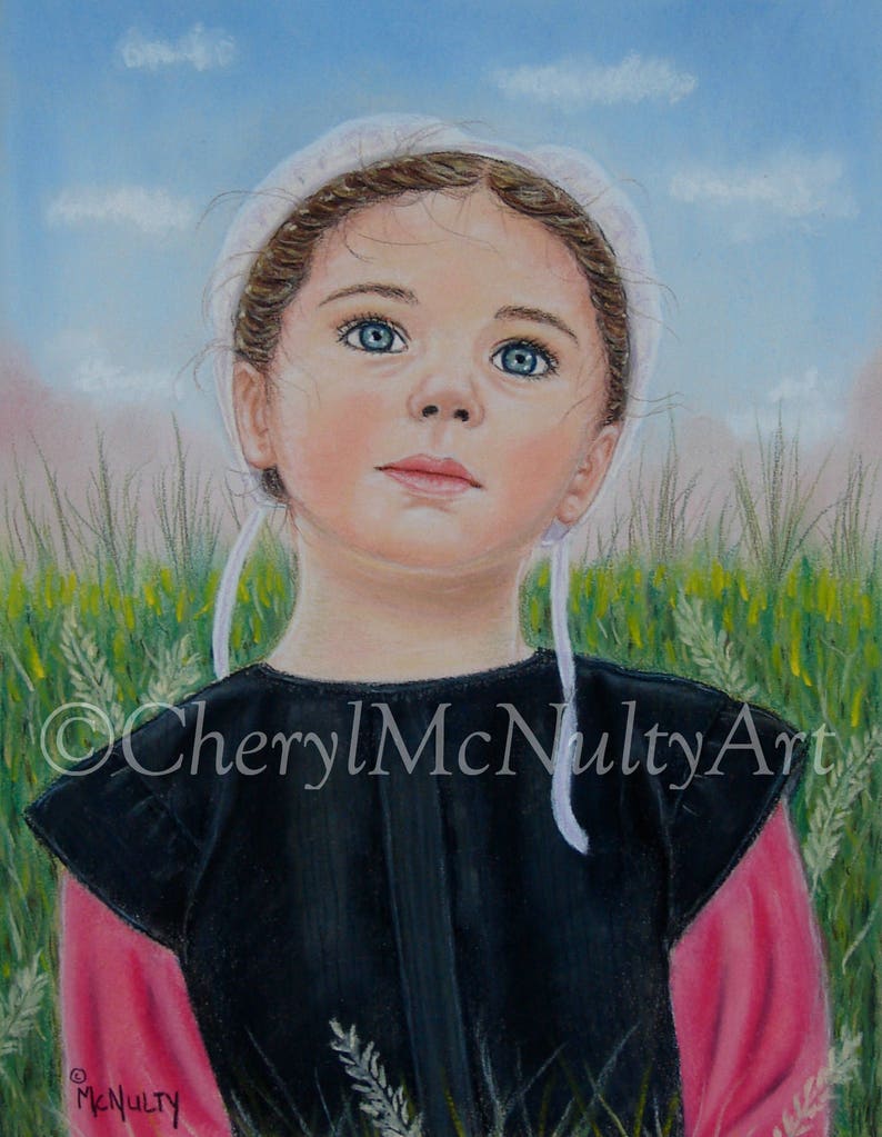 Amish Print Emma In The Wheat Field Print of Pastel Painting Amish Girl Farm Life Country Wall Decor image 1