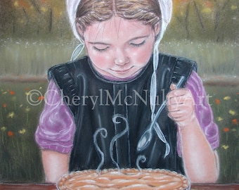 Amish Print of Pastel Painting "First Piece" Girl Eating Pie Autumn Scene Simple Life Amish Country Wall Decor