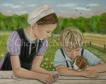 Amish Print of Pastel Painting "The New Puppy" Amish Girl and Boy With puppy simple living country life wall decor